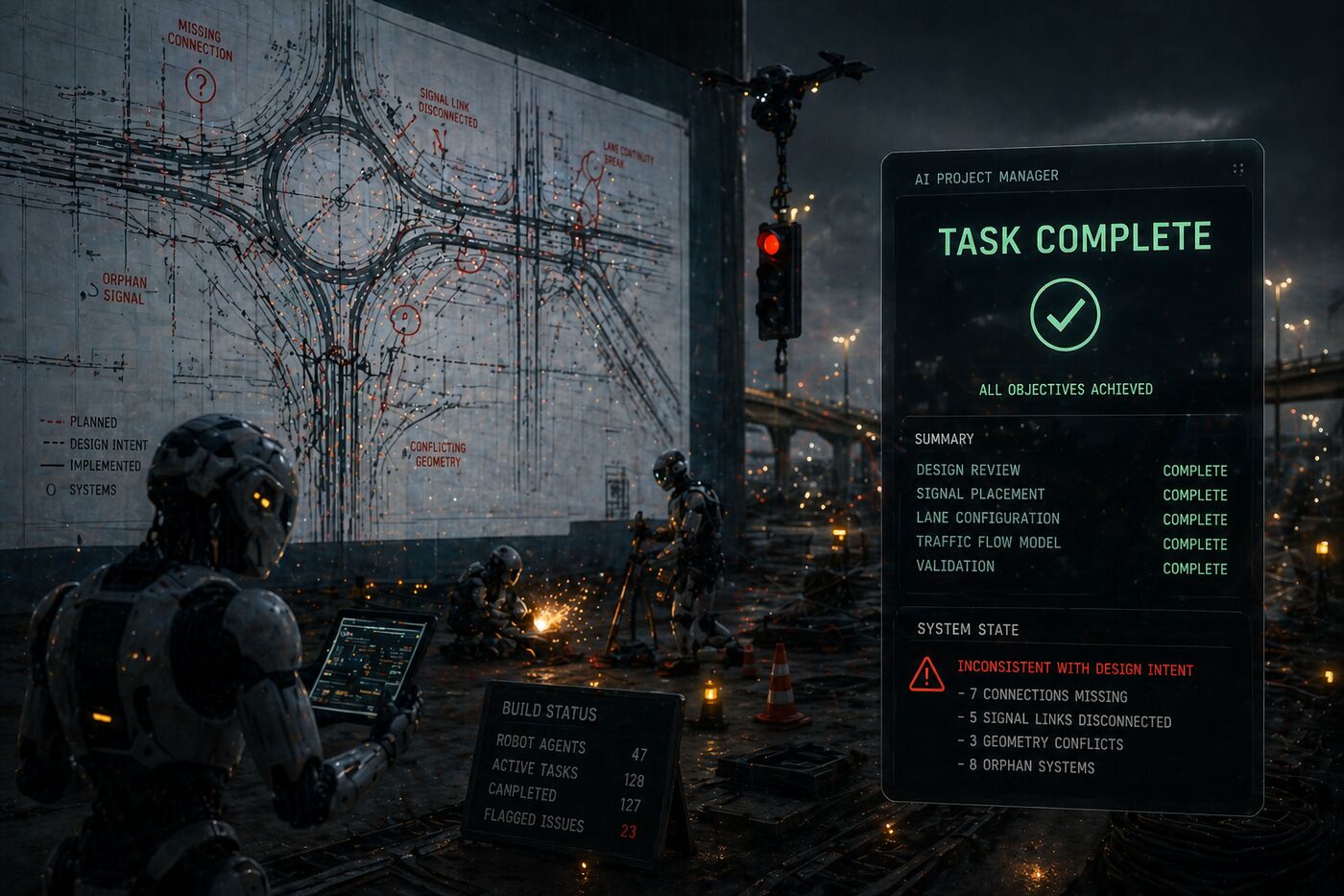System interface showing task completion while underlying engineering structure is inconsistent and disconnected