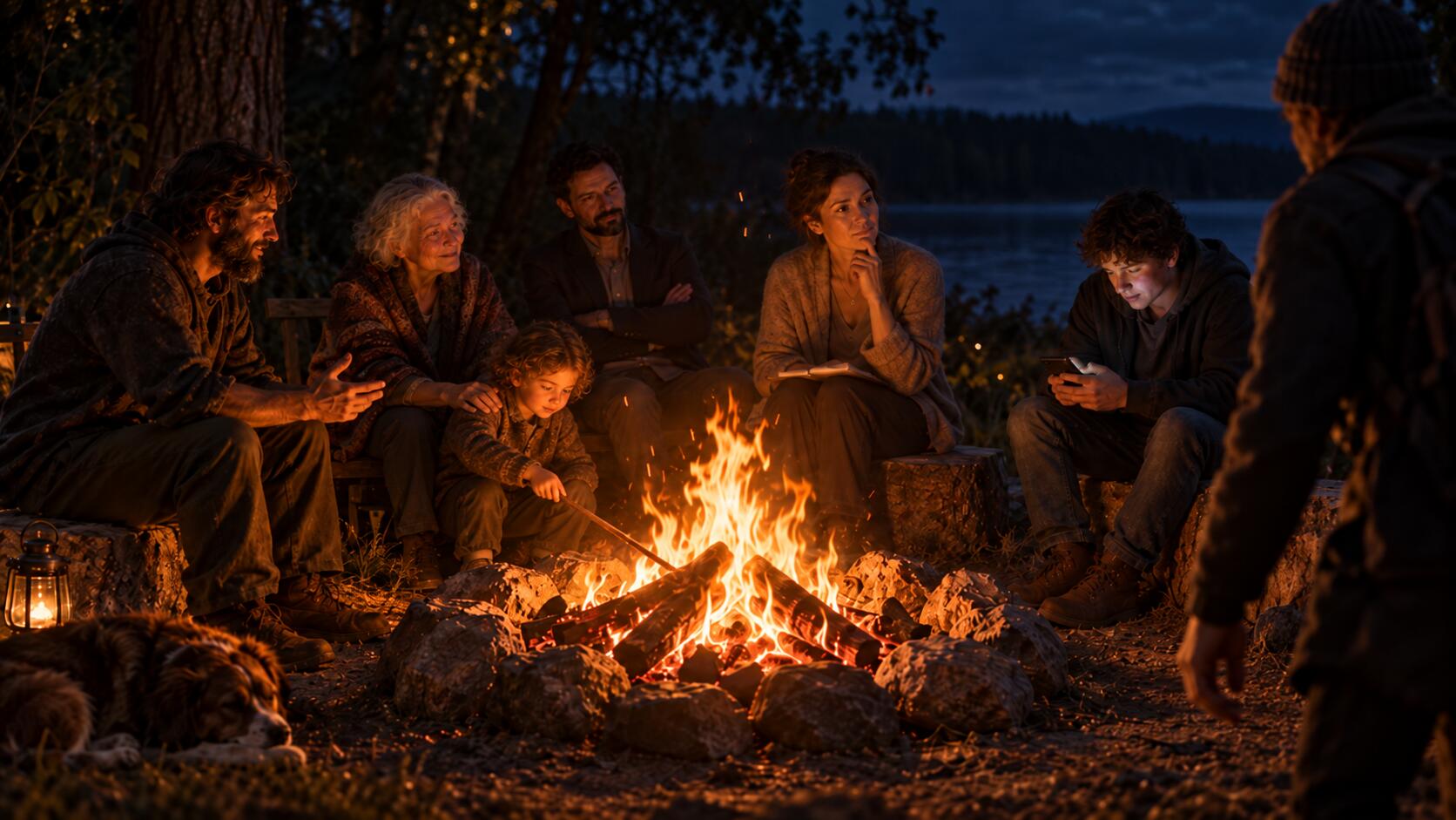 A family of different ages gathered around a campfire at night — a child poking the fire with a stick, a grandmother with her hand on his shoulder, a man telling a story, a woman listening thoughtfully with a notebook, a teenager lit by his phone screen, and a figure at the edge of the circle, still arriving.