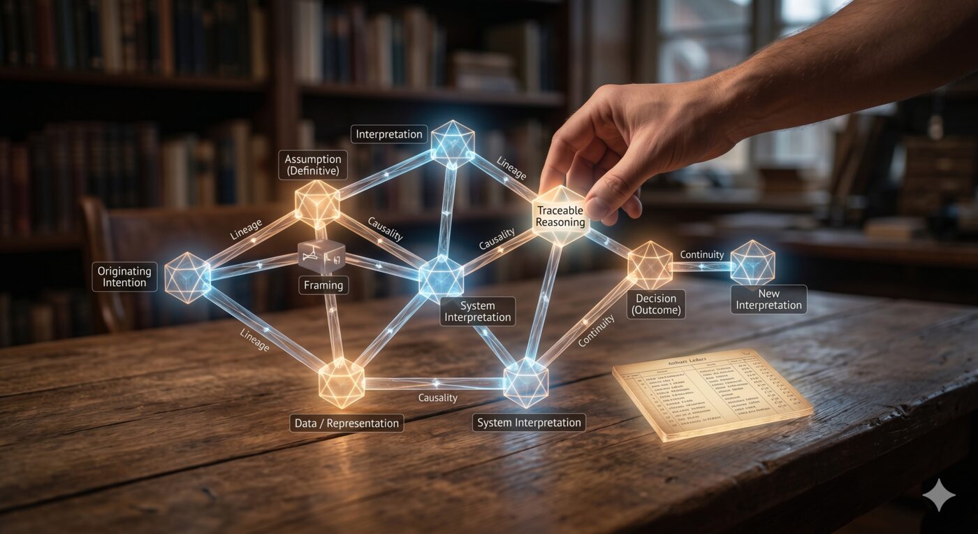 A network of traceable reasoning nodes illustrating the gap between data and determination.