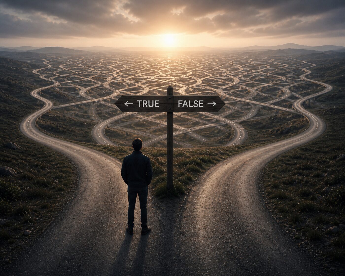 A person standing before a true/false sign while many branching paths unfold beyond the binary choice.