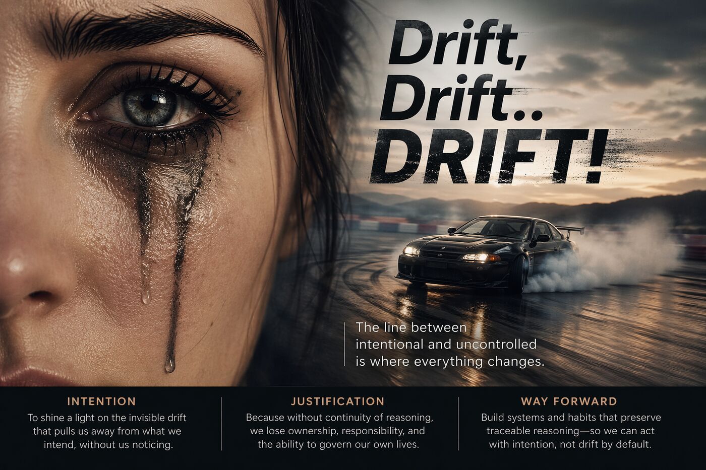 Close-up of a tear-streaked face next to a drifting car, symbolizing the line between intentional control and uncontrolled drift