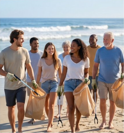 Community beach cleanup scene