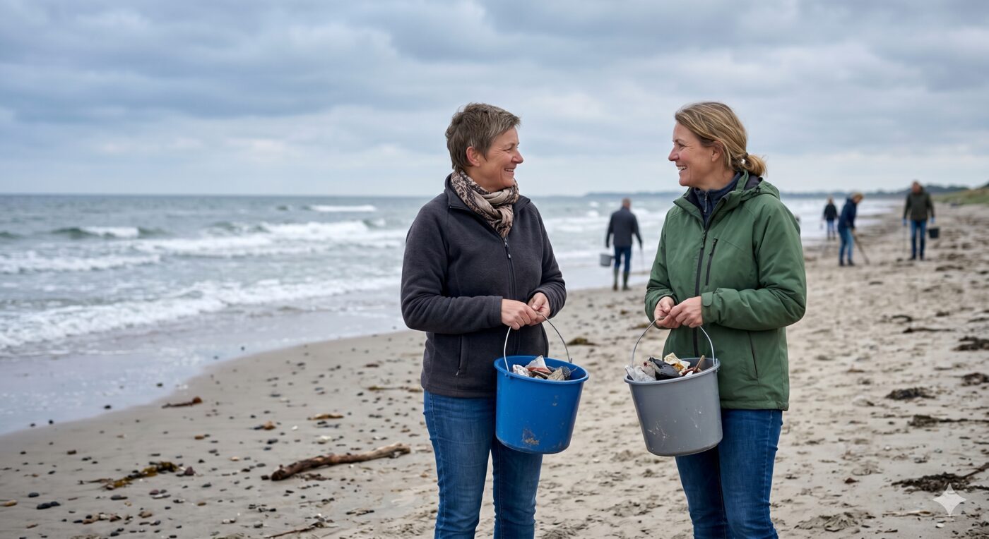 Community gathering at beach entrance