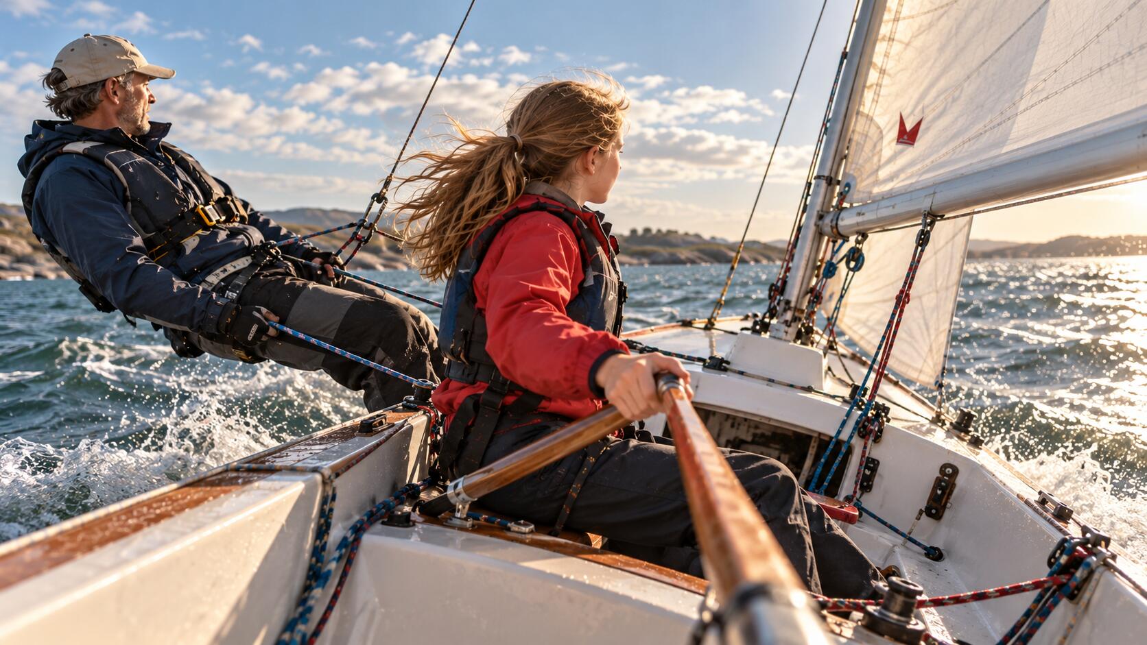 A hand gripping a boat's tiller mid-sail, making a continuous small correction as the boat heels in the wind.