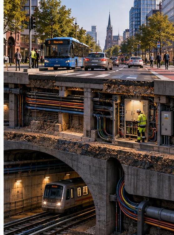 A sectional view of a city street: traffic moving on the surface, a technician working on cables and conduits in the layer beneath it, and a train running through a tunnel further below.