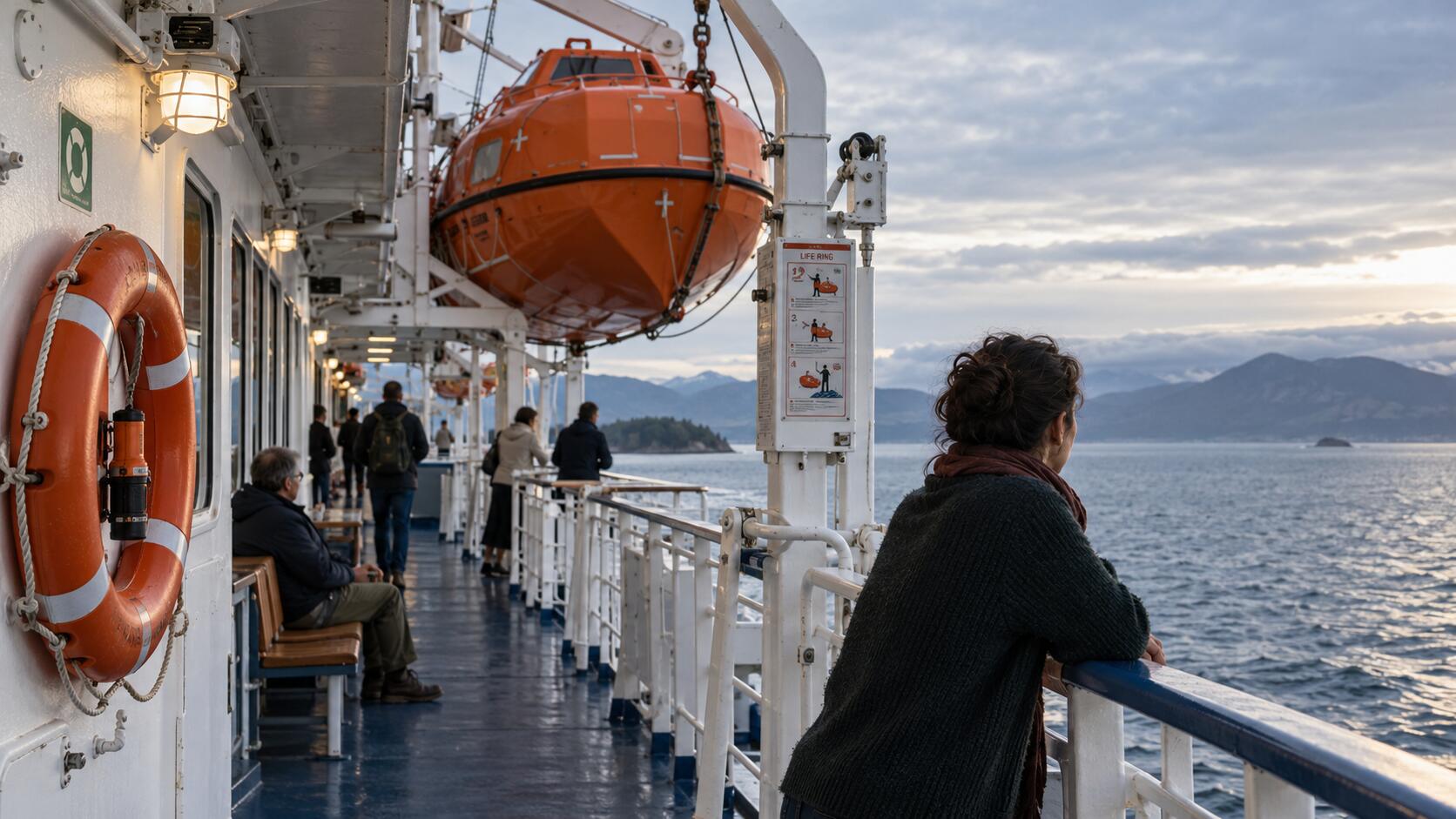 A calm ferry deck at dusk, lifeboats and life rings visibly in place, a passenger looking out at the water.