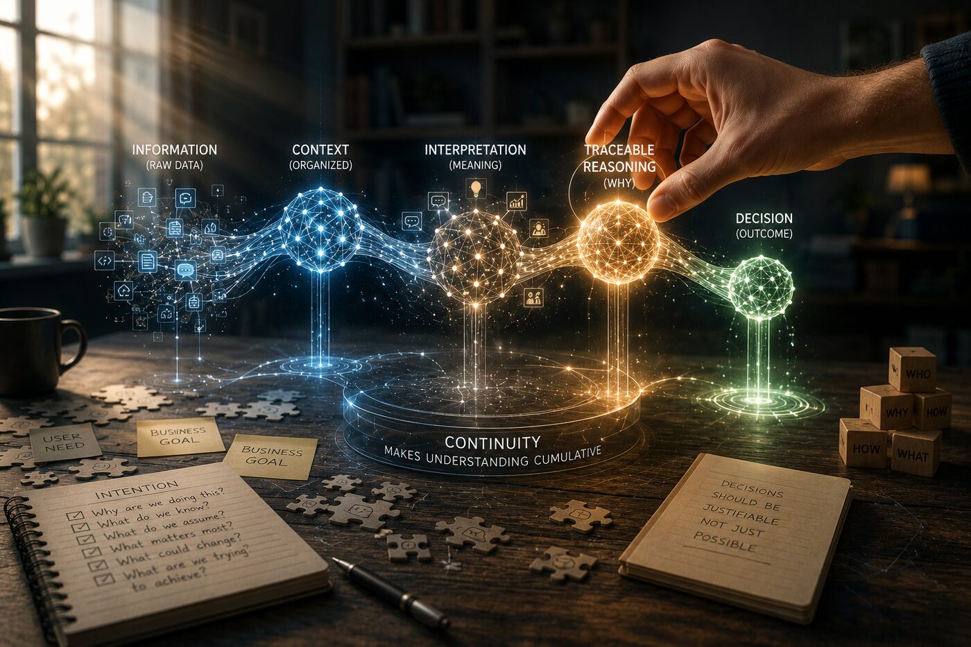 A human hand gently interacting with a holographic reasoning structure connecting intention, interpretation, continuity, and traceable reasoning.
