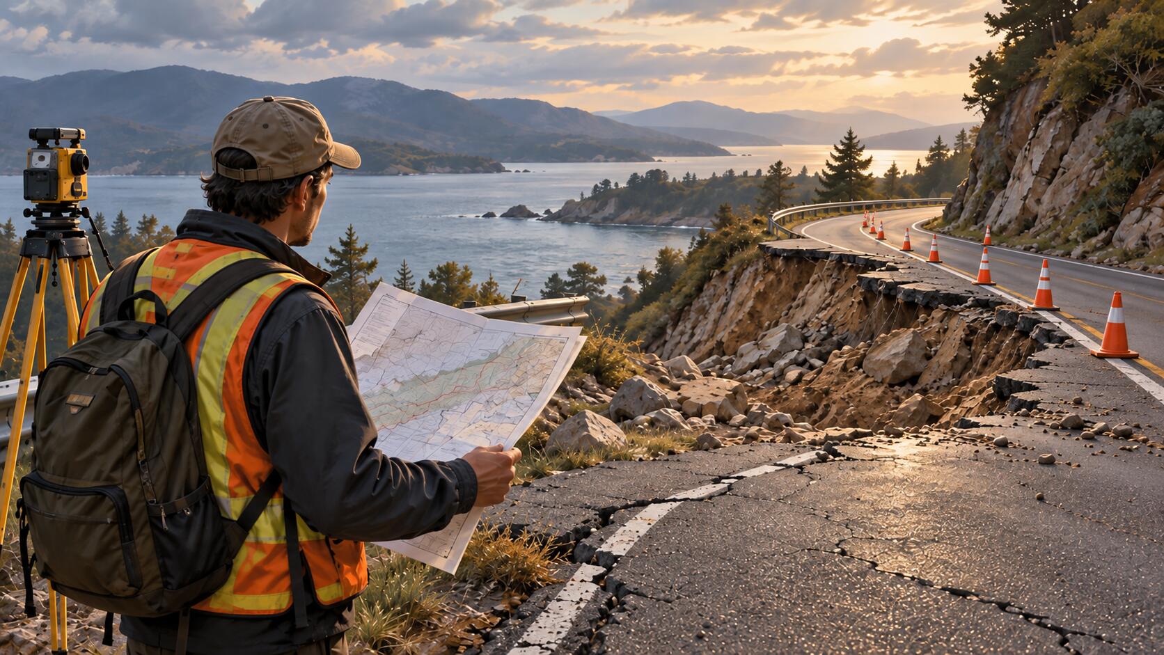 A surveyor checking a paper map against a mountain road that has visibly collapsed and eroded away beneath it.