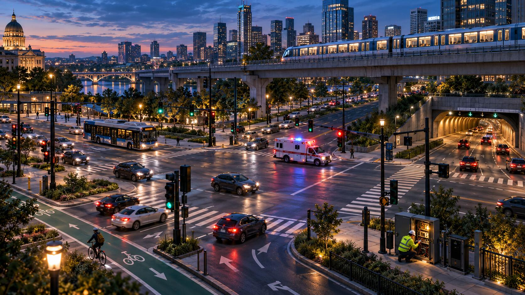 A busy controlled intersection at night, with traffic signals, a pedestrian crossing, an ambulance under priority, a cyclist waiting in a marked lane, and a technician working on a signal cabinet.