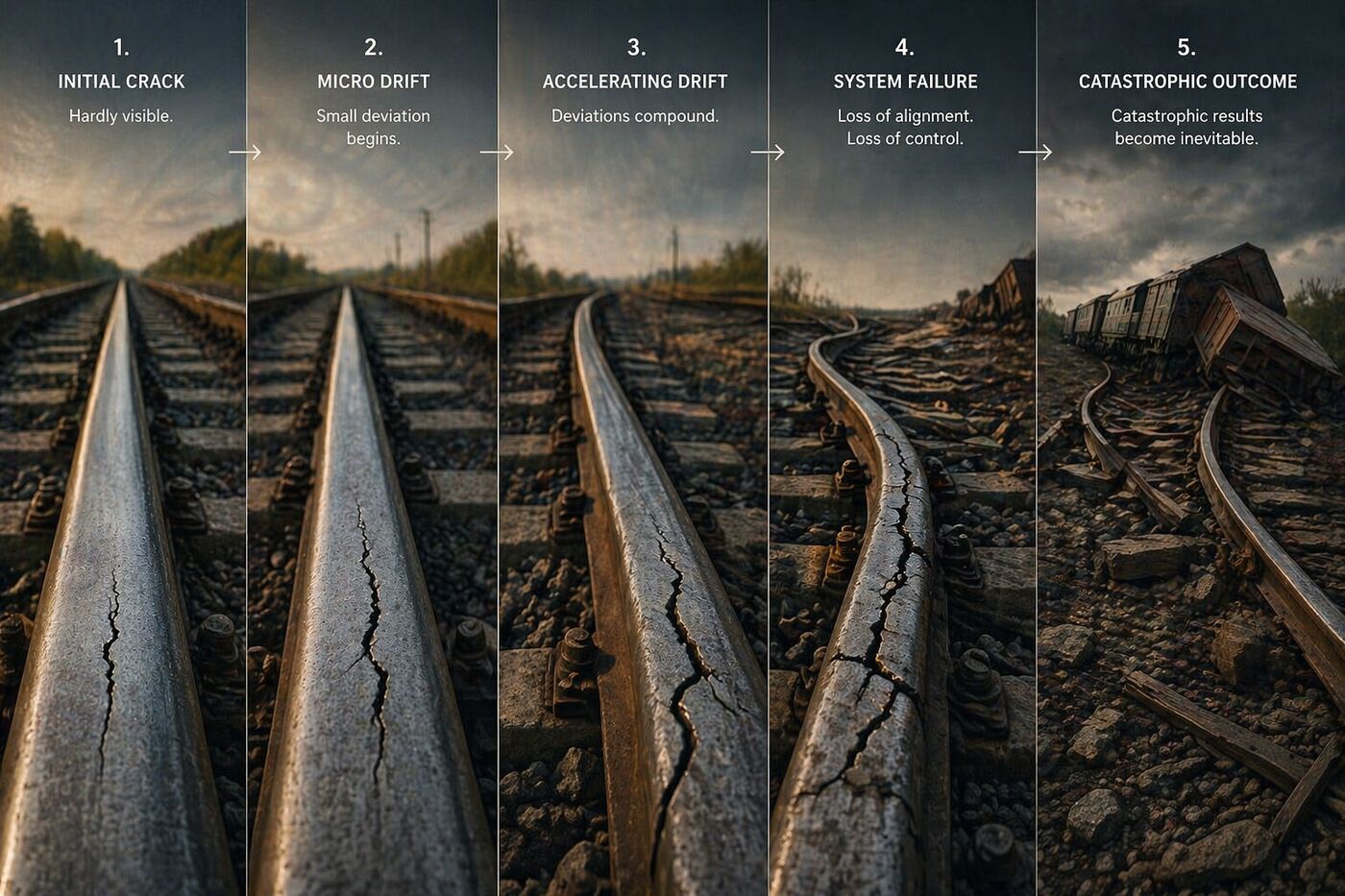 Rail track with a small crack that progressively worsens into a catastrophic derailment, illustrating how small misalignments compound into systemic failure