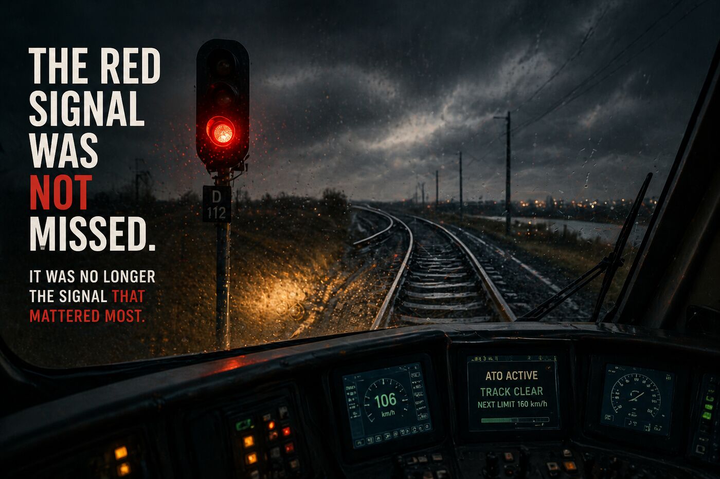 Red railway signal with a train approaching on the track