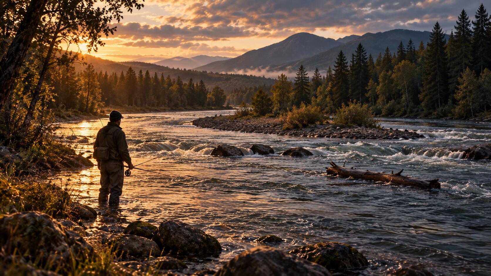 A fly fisherman standing still in a moving river at sunset, watching the current rather than casting.