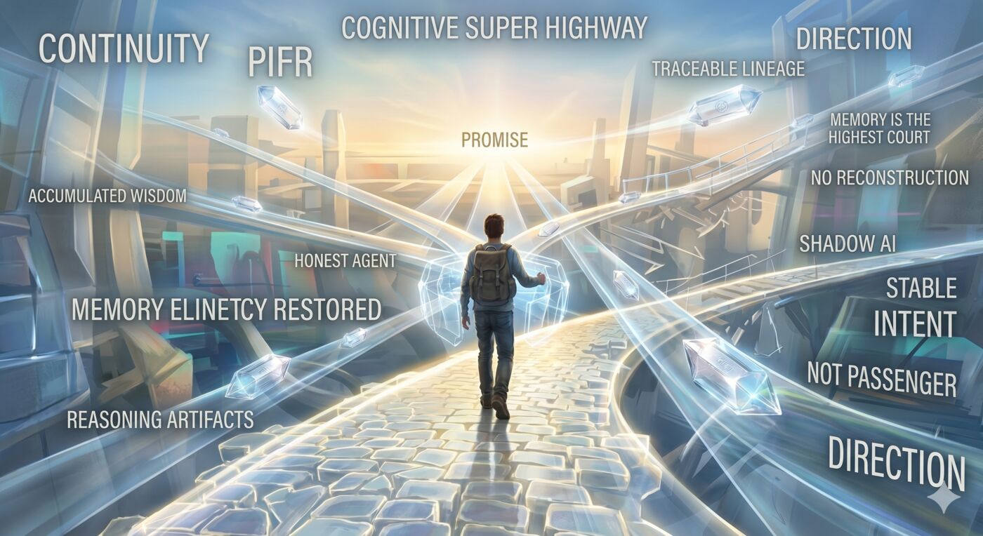 A symbolic visualization of continuity, reasoning artifacts, stable intent, and the Cognitive Super Highway.