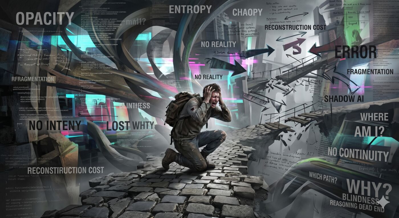 A human form dissolving into fragments and abstract data streams, illustrating the feeling of discontinuity, cognitive overload, and the loss of unified human agency.