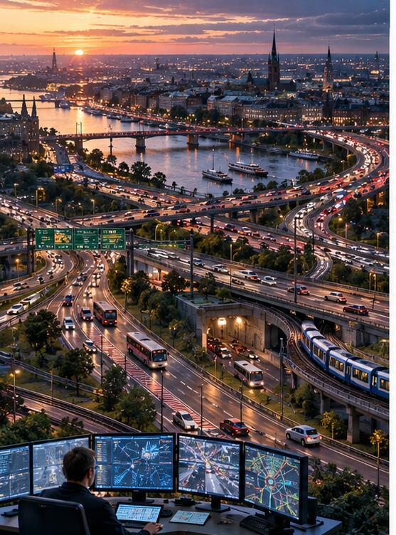 An aerial view of a dense highway, rail, and bridge interchange at dusk, with a single small monitoring station visible in the foreground, dwarfed by the scale of the network it watches.