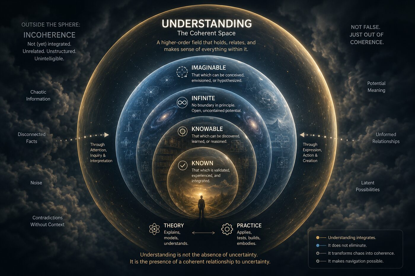 Nested spheres representing layers of understanding, coherence, ambiguity, imagination, and shared human interpretation.