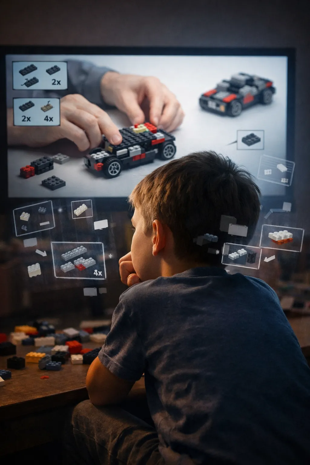 A child watching LEGO instructions on a screen, trying to follow fragmented steps without retaining the full reasoning