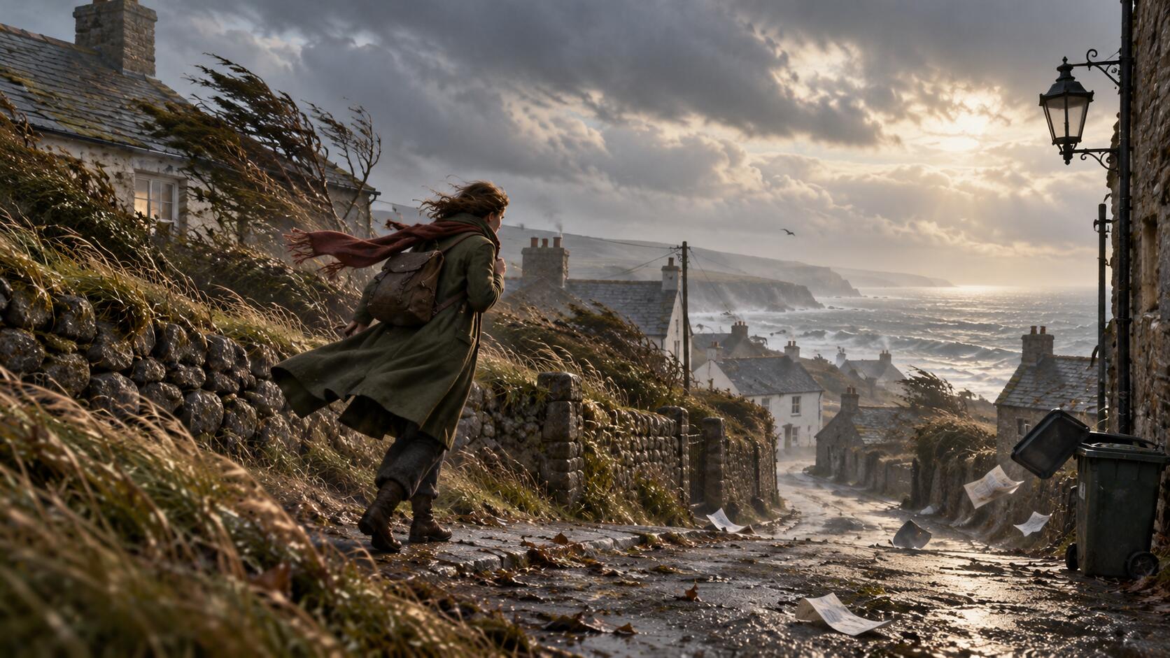 A woman leaning hard into a coastal windstorm, papers scattering behind her, making no visible progress.